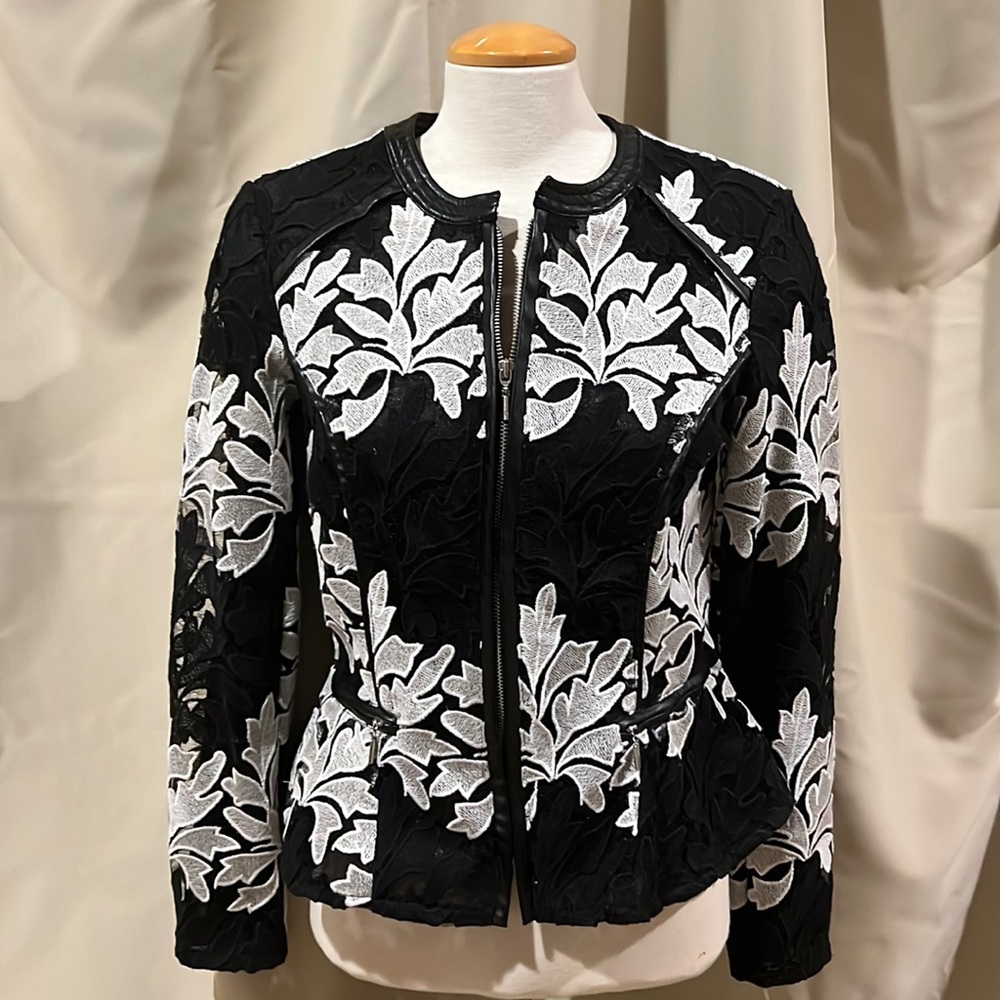 INC international concepts Embroidered Lace, Pleather Trim Zip-Front Jacket NWT